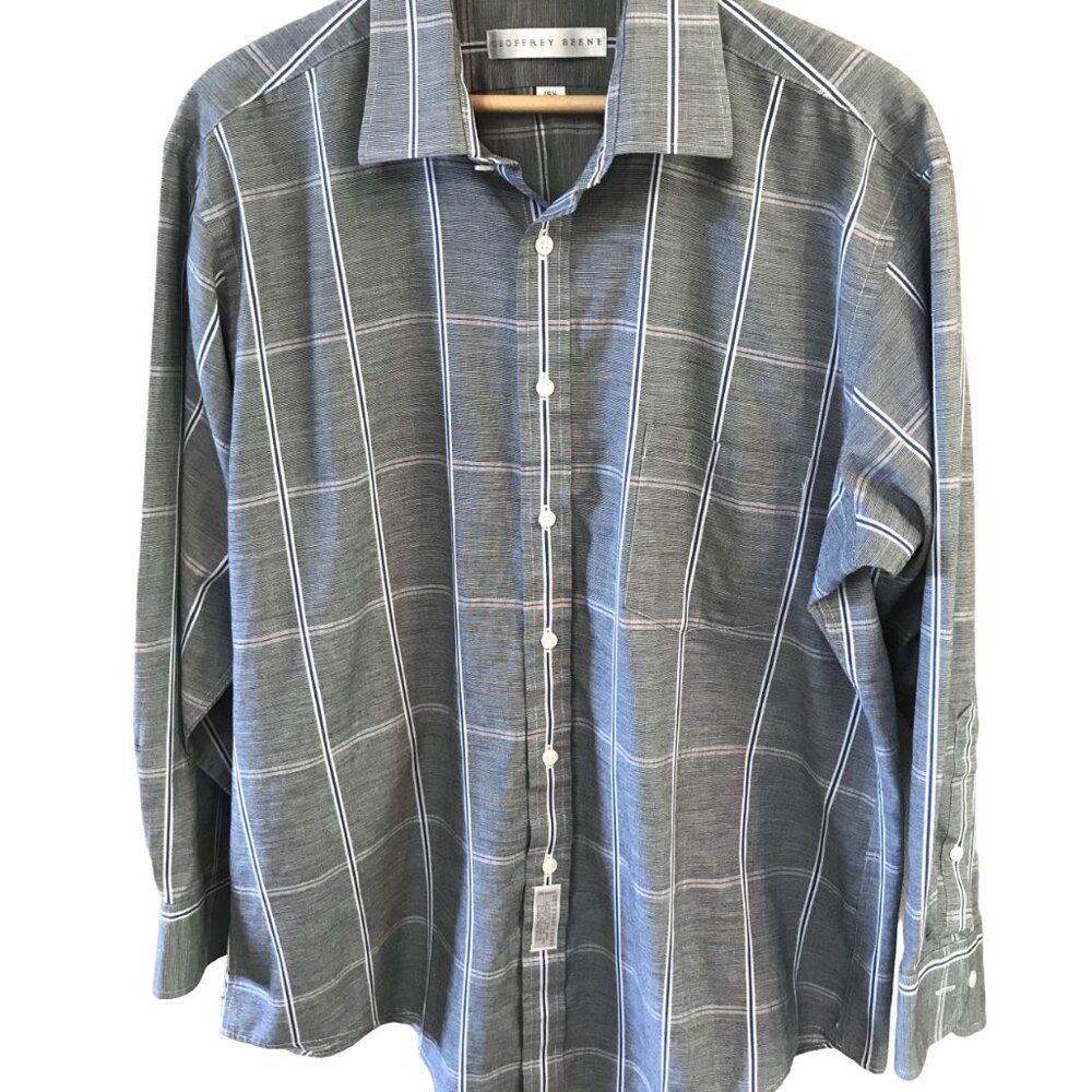 Geoffrey Beene Button-Down Shirt Gray Plaid Long Sleeves Size 16-1/2 32-33